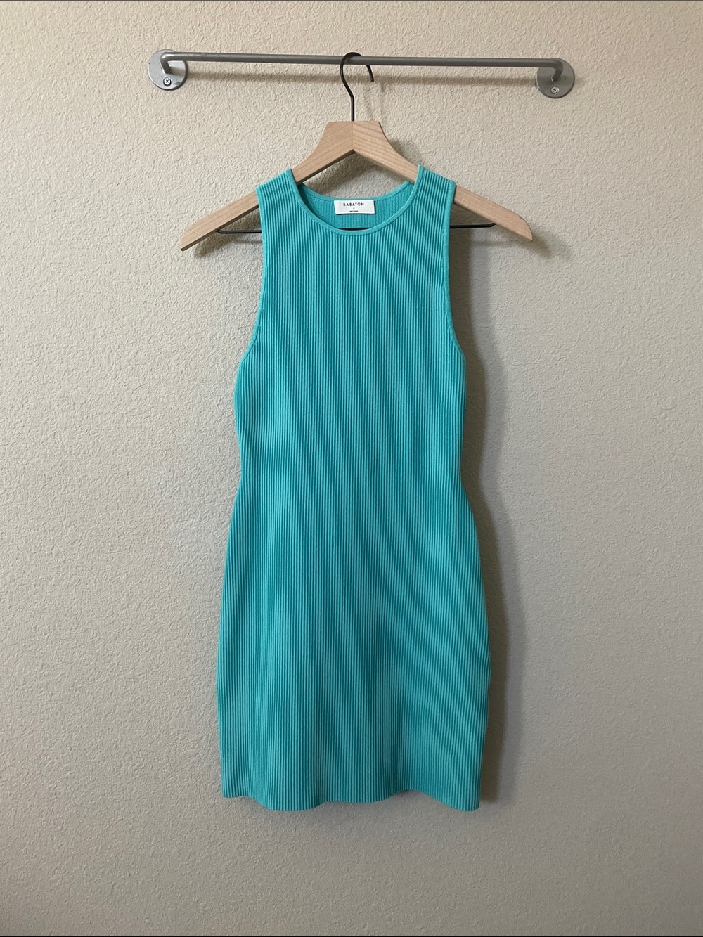 Aritzia Babaton Sculpt Knit Racer Mini Dress Sz:S Turquoise Blue
